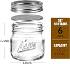 6PCS Wide Mouth Mason Jars 16oz with Airtight Lids and Bands, Canning Jars with Crystal Glass for Food Storage, Spice Jars, Canning, DIY Projects, Jam, Jelly, Honey, Preserving, Drinking