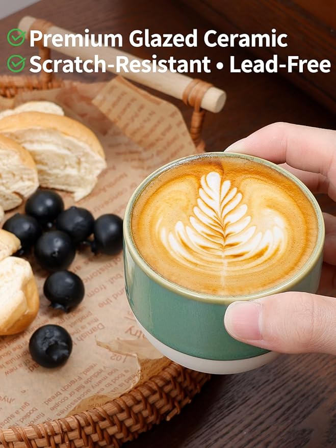 4oz Espresso Cups Set of 4, Green Ceramic Demitasse Coffee Cups for Espresso, Latte, Cappuccino – Two-Tone Stackable Small Mugs for Home, Cafe, Restaurant – Dishwasher & Microwave Safe