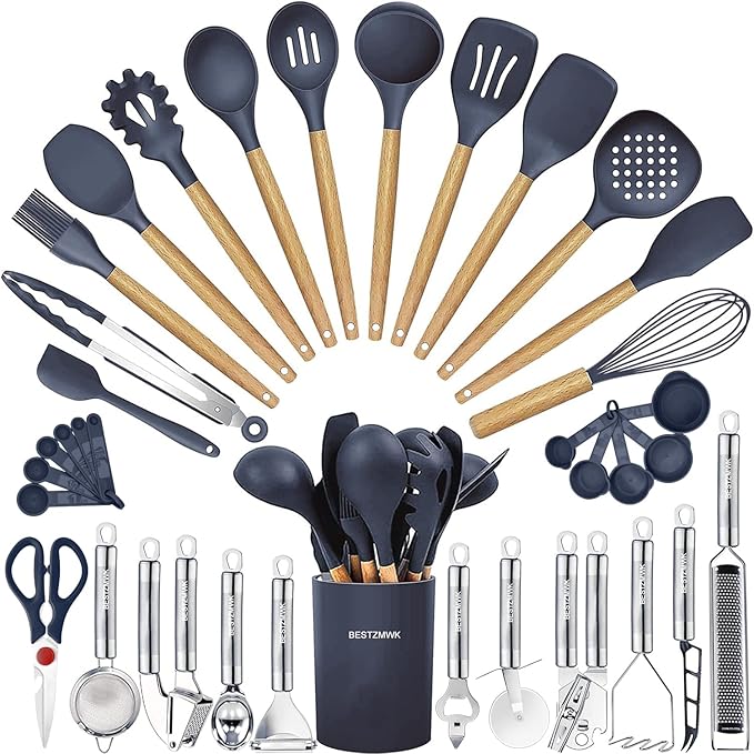 Cooking Utensils Set- 35 PCs Kitchen Utensils with Grater,Tongs, Spoon Spatula &Turner Made of Heat Resistant Food Grade Silicone and Wooden Handles Kitchen Gadgets Tools Set for Cookware