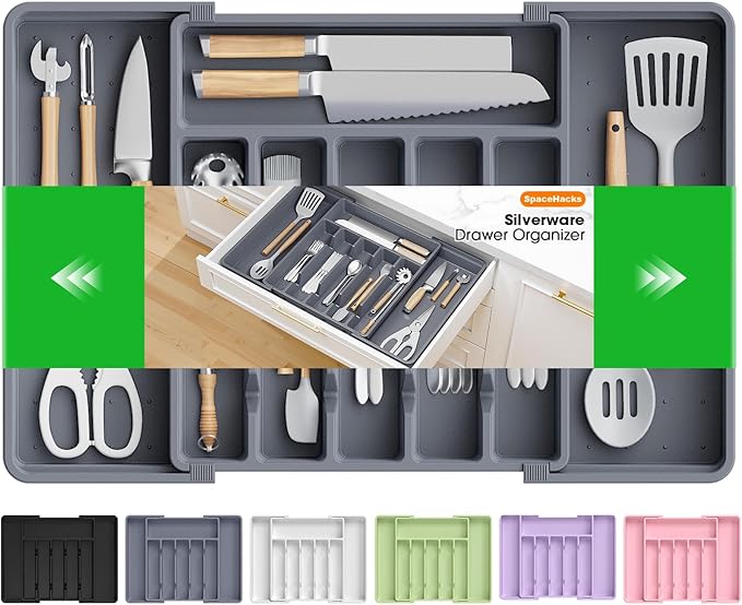 Silverware Organizer，Adjustable & Expandable Utensil Drawer Organizer, BPA Free Utensil Holder, Cutlery Tray for Forks, Spoons, Knives in Kitchen, Large, Grey