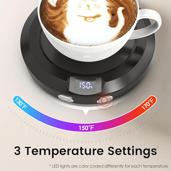Mug Warmer, Coffee Warmer for Desk, Coffee Cup Warmer with 3 Temp Settings and Ambient Light, 2-12H Timer, 30W, Black