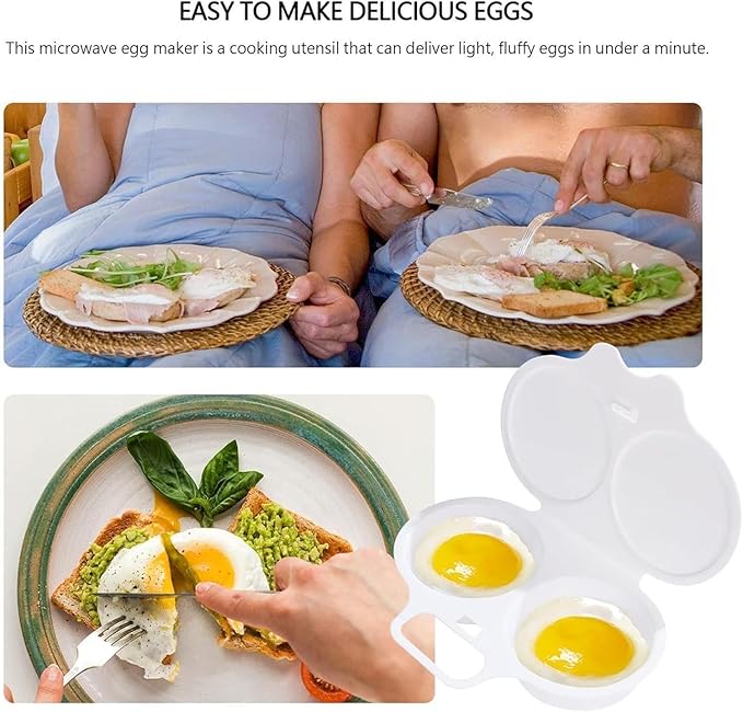 2-Cavity Nonstick Microwave Egg Poacher with Lid -White Plastic Egg Cooker for Perfect Poached Eggs