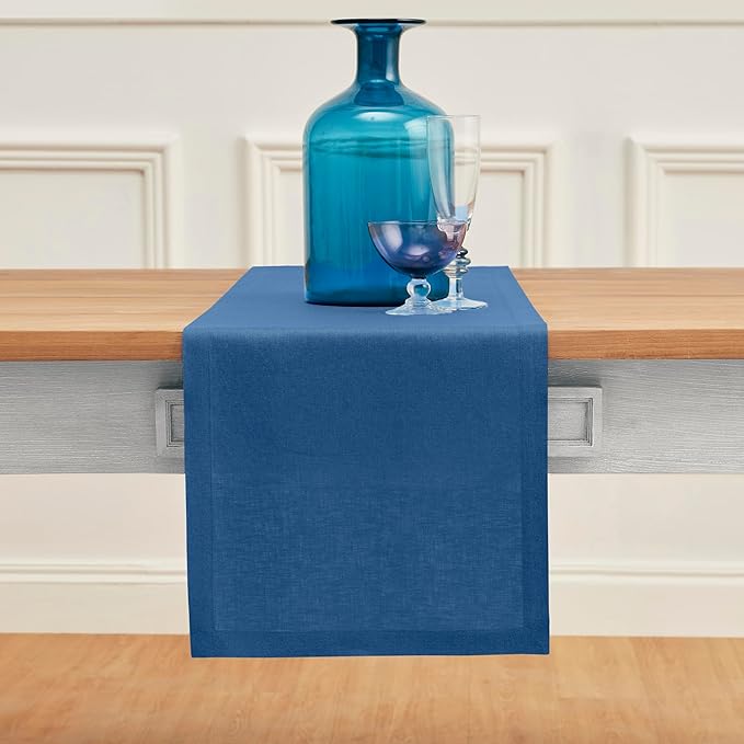 Solino Home Linen Table Runner 90 Inches Long - 100% Pure Linen Indigo Blue Dining Table Runner 14 x 90 Inch for Summer, Fall, Autumn - Fete
