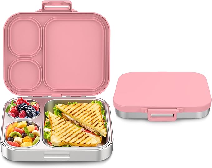 Stainless Steel Bento Box Kids, Leak Proof Metal Bento Lunch Box,3 Compartments 304 Stainless Steel Bento Lunch Containers for School and Office,Dishwasher Safe, BPA-Free(Pink)