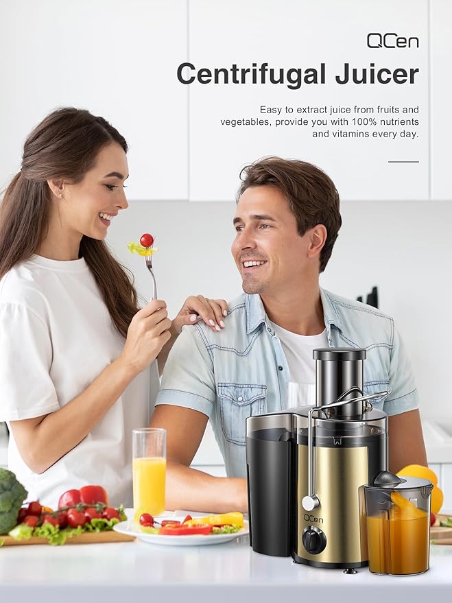 QCen Juicer Machine, 500W Centrifugal Juicer Extractor with Wide Mouth 3” Feed Chute for Fruit Vegetable, Easy to Clean, Stainless Steel, BPA-free (Gold)