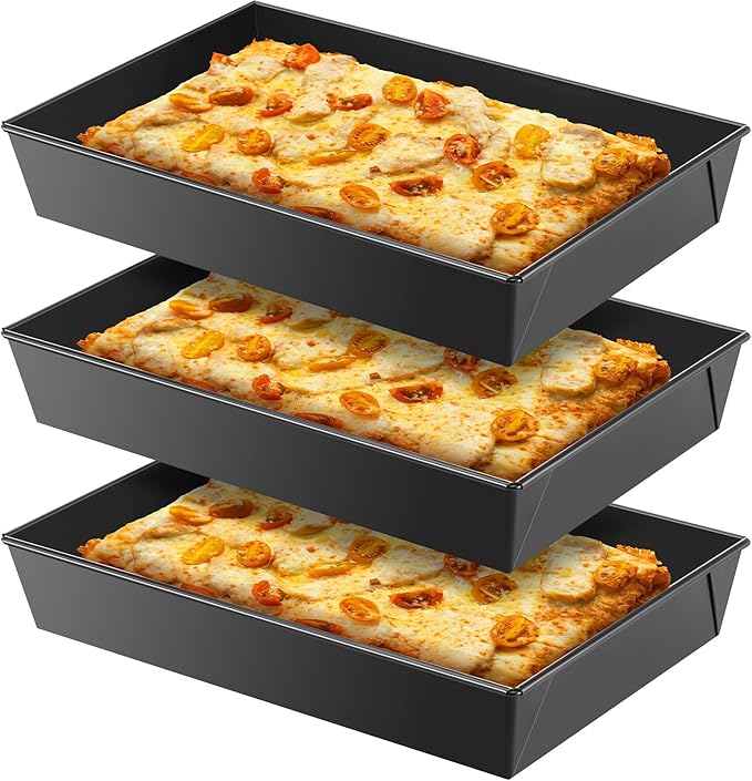 3 Pcs Detroit Style Pizza Pan 10 x 14 x 2.36 Inch Hard Rectangular Deep Pizza Pans Non Stick Sicilian Style Pan Dish Pre Seasoned Bakeware Kitchenware
