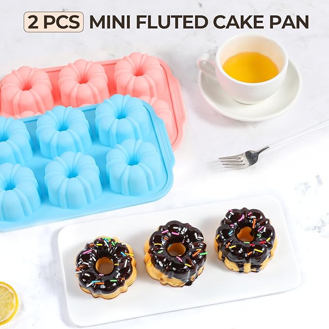 Mini Fluted Tube Cake Pans for Baking with Metal Reinforced Frame, 2Pcs Silicone 6-Cavity Mini Flan Molds, Nonstick Baking Mold for Cupcake, Brownie, Donuts, Cornbread, Jello