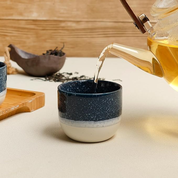 Set of 4 Ceramic Espresso Cups-4 oz, Blue & White Summer Coastline Design, Ideal for Espresso, Coffee, Tea, & More,Small Ceramic Coffee Mugs, Dishwasher & Microwave Safe