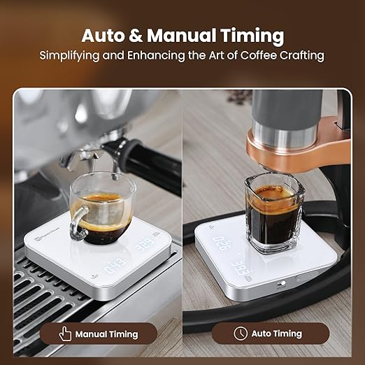 Maestri House Mini Coffee Scale with Timer, USB-C Rechargeable Espresso Scale, 2kg/0.1g Accurate Scale for Espresso and Pour-Over Coffee, Portable Digital Kitchen Scale with Auto Timer (White&Silver)