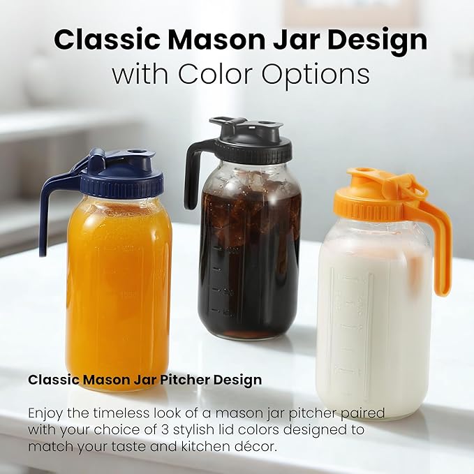 64oz Mason Jar Pitcher - Airtight & Leakproof Glass Pitchers with Handle and Lid, Perfect for Breastmilk, Cold Brew and Sun Tea for Outside,2 Quart Mason Jar with Pour Spout Lid,1/2 Gallon Water Jug