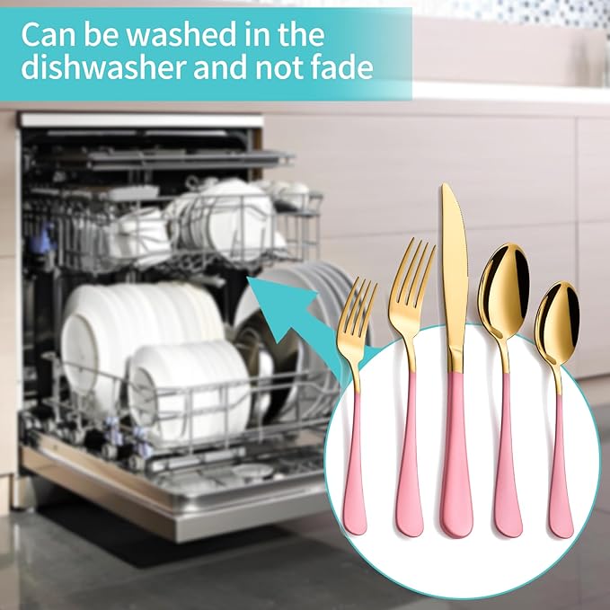 20-Piece Gold & Pink Silverware Set for 4, 18/0 Stainless Steel Flatware Cutlery Utensils Set, Includes Dinner Knives, Forks, Spoons, Salad Forks, Teaspoons, Dishwasher Safe