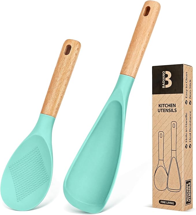 Cooking Spoon and Rice Scooper for Nonstick Cookwares, Great for Cooking and Serving Sturdy BPA-Free Matte Silicone, Wood Handle Spoon for Mixing, Scoop, and Scrape (GREEN)