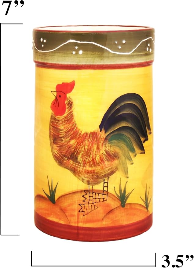 ACK Tuscany Sunshine Country Rooster Hand Painted Ceramic Utensil Jar, Utensil Holder, Utensil Crock, Modern Kitchen Decor, Kitchen Storage for for Spoon, Ladle, Spatula and More