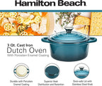 Hamilton Beach 3-Quart Enameled Cast Iron Dutch Oven, Navy with Cream Interior | Even Heat Distribution & Easy-Grip Handles | Ideal for Braising, Roasting,Stewing & Bread Baking