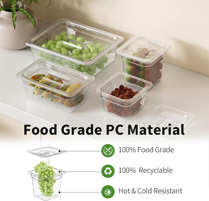 1/6 6'' 6 Pack Plastic Food Pans With Lids, Clear Food Pan, Commercial Stackable Polycarbonate Freezer-Safe for Fruits Vegetables Restaurant Kitchen