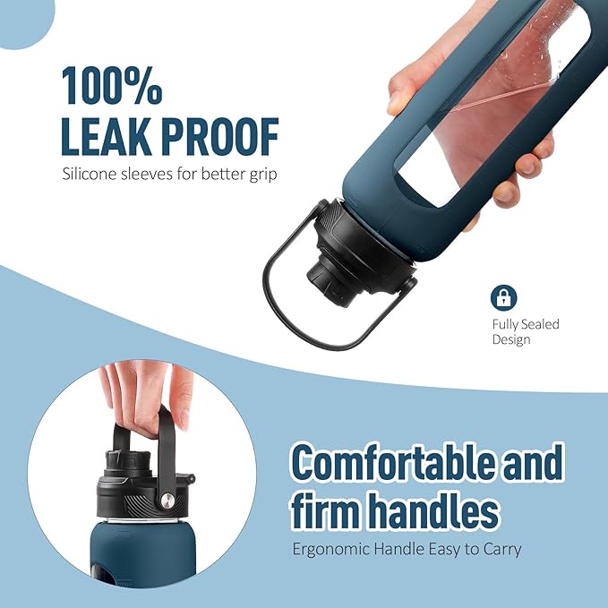 Kodrine Water Bottle with Straw, 24 oz Glass water Bottle with 2 Lids Bamboo Straw Lid and Spout Lid with Handle, 32 oz Clear Water Bottle Glass for Sports Travel, Waterbottle with Time Marker