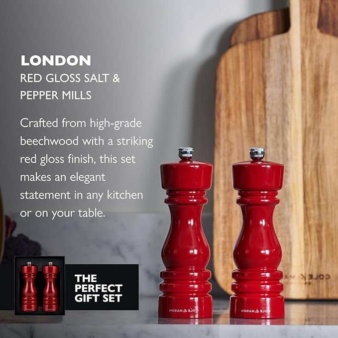 Cole & Mason London Refillable Spice Mill - Kitchen & Home Accessory - Salt & Pepper Grinder Set - Salt Mill with Ceramic Mechanism - Pepper Mill with Carbon Steel Mechanism - 7", Red Gloss
