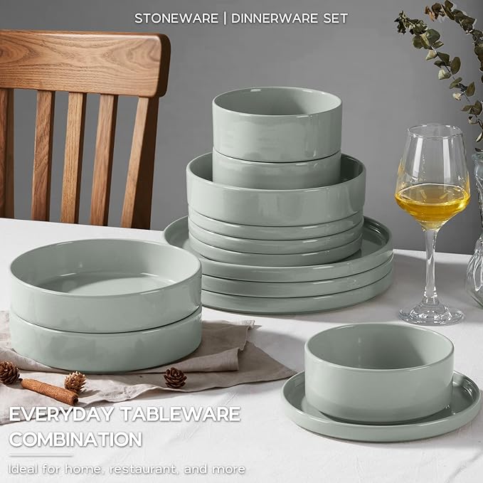 Stoneware Dinnerware Sets for 6 with Double Bowl, Onader 24 Piece Plates and Bowls Dish Dinner Set, Speckled Kitchen Dishware Tableware – Pale Sage Green