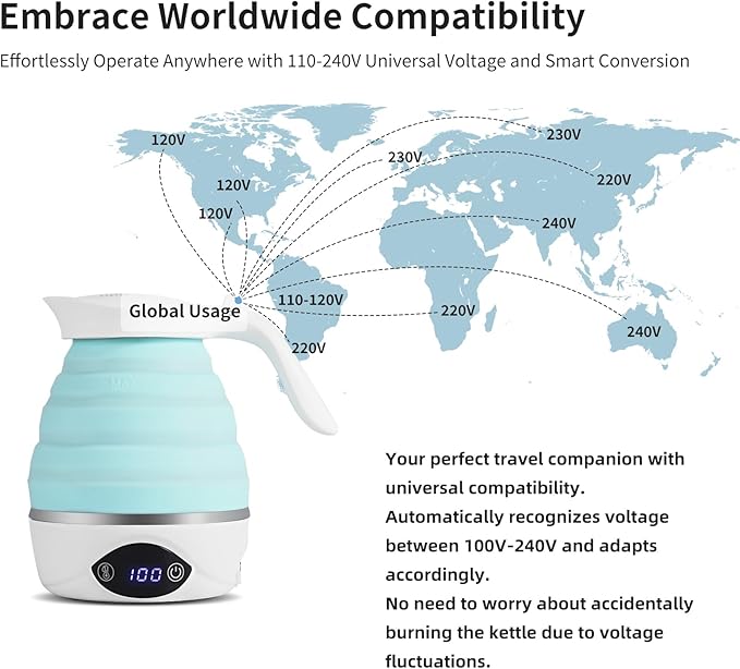 Collapsible Travel Kettle Electric Portable Foldable Kettle for Boiling Water, Suitable for 110V & 220V Dual Voltage, for Tea & Coffee, 850W Small Mini BPA-free Silicone Blue electric kettle