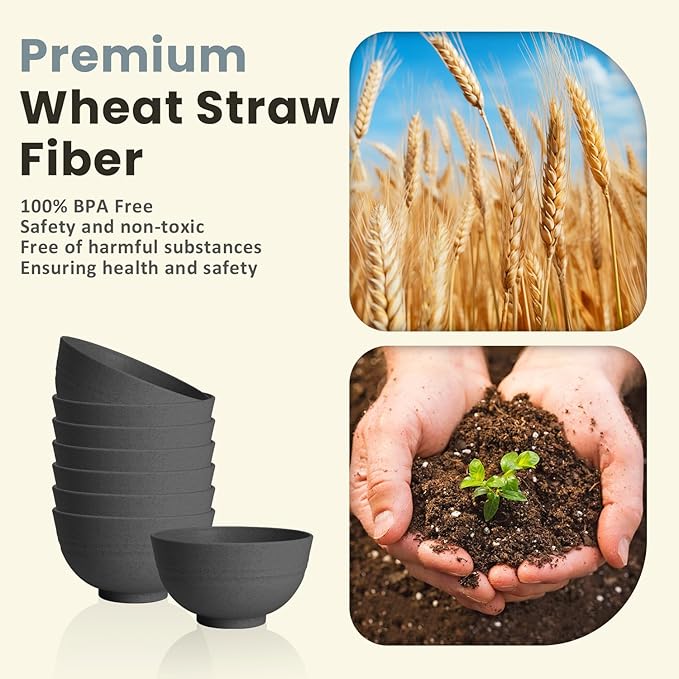 Homienly Wheat Straw Small Bowls, Dessert Bowls for Kitchen, Camping, Party, Unbreakable Mini Bowl Set of 8, 10 OZ Microwave and Dishwasher Safe Appetizer Bowl,Yogurt Bowls Set (Dark Grey)
