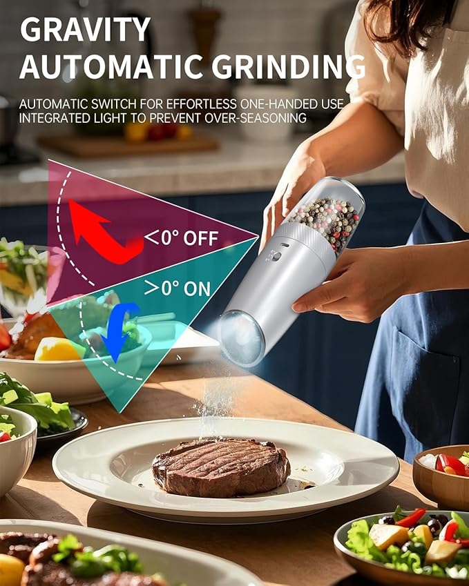 CIRCLE JOY Gravity Electric Salt and Pepper Grinder Set with 2-Speed, Rechargeable Salt and Pepper Grinder Set, Adjustable Coarseness, Whiet LED Light