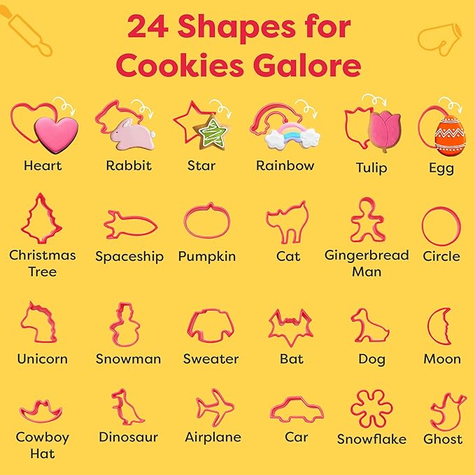 Baketivity Cookie Cutter Set for Kids, 24 Assorted Cookie Cutters of Basic Shapes, Seasonal, and Holiday Themes - with Rolling Pin, Silicone Baking Pan, and Non-Stick Baking Mat - BPA-Free - Ages 4+