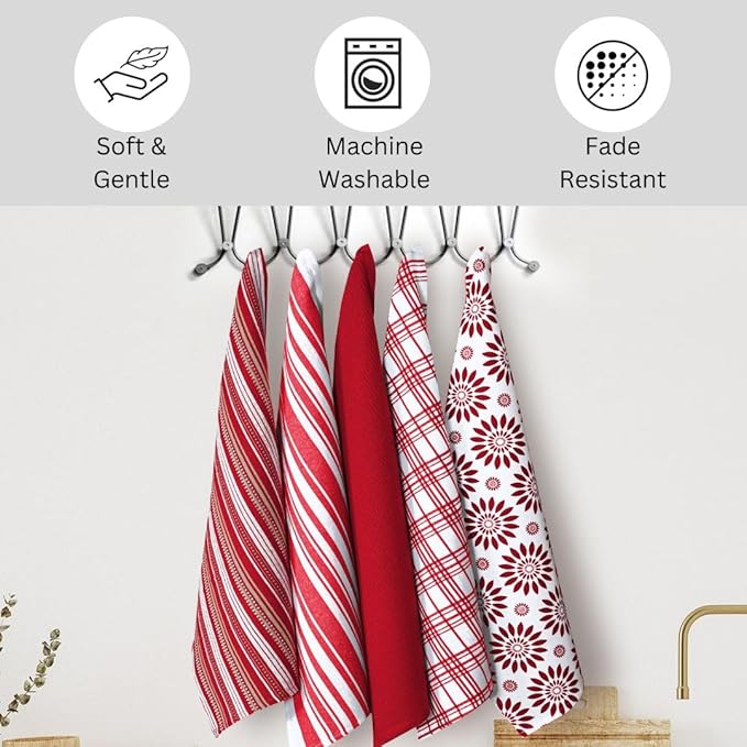 Assorted Kitchen Towels 100% Cotton Large 16x26 Inch Set of 5 - Soft Highly Absorbent Durable Reusable - Perfect for Drying Cleaning Everyday Kitchen Use - Quick Drying Dish Towels Red