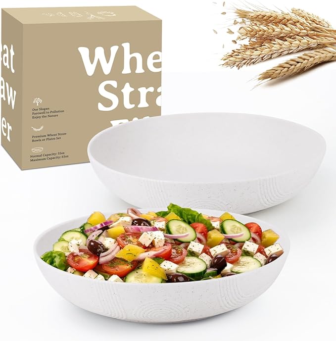 Salad Bowls 10inch Serving Bowls 65oz Large Salad Bowls Wheat Straw Bowls Set of 2 Wide and Shallow Plastic Salad Bowl for Kitchen Microwave & Dishwasher Safe.White