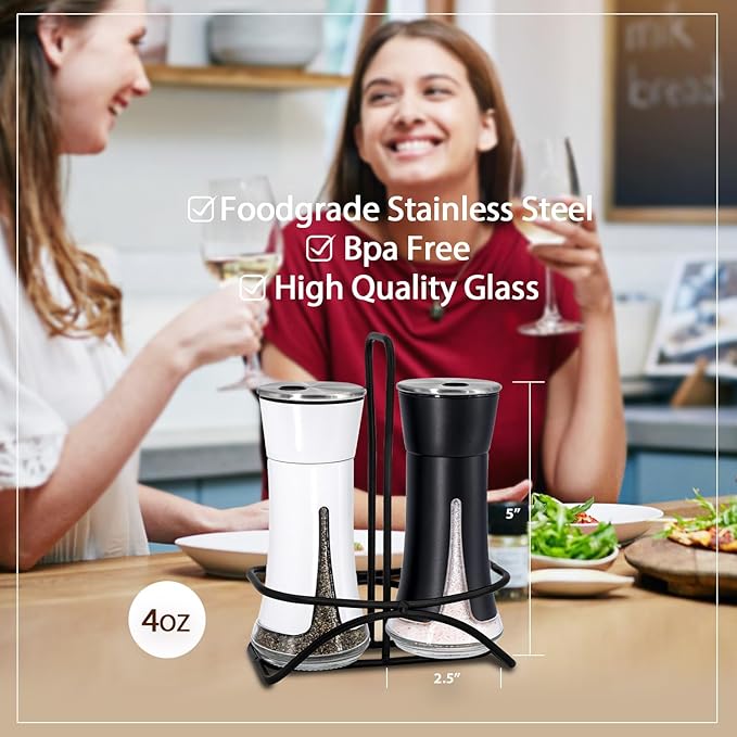 Aelga Farmhouse Salt and Pepper Shakers with Holder, Salt Shaker for the Kitchen with Adjustable Pour Holes for Himalayan, Kosher, and Sea Salts