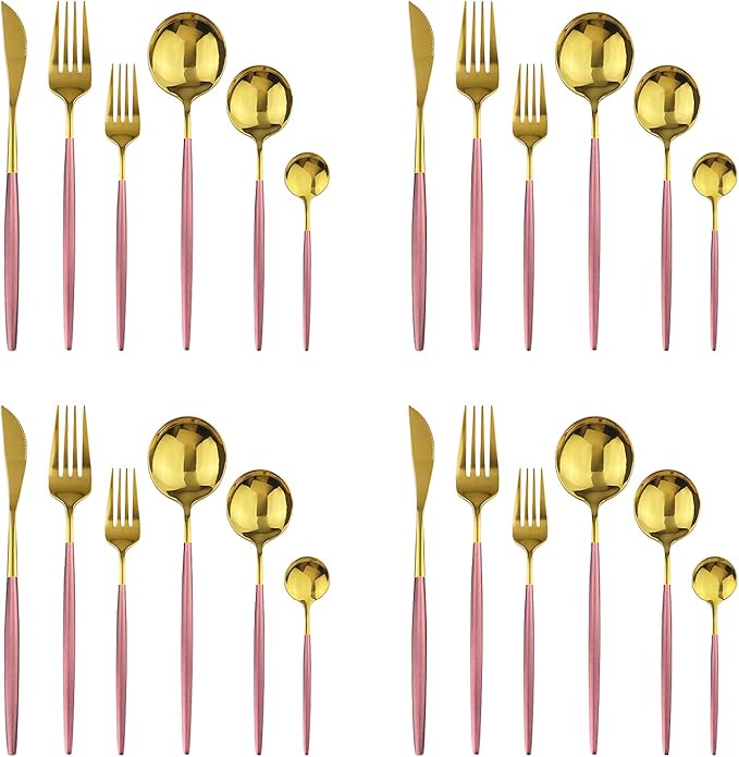 24Pcs Gold Mirror Silverware Flatware With Pink Handle, 18/0 Stainless Steel Cutlery Set Utensils Kitchen Dinnerware Include Knife Fork Spoon and Teaspoon, Service for 4