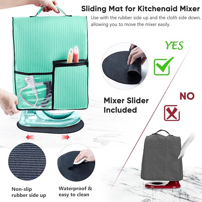 BAGSPRITE Stand Mixer Cover with Applicance Slider for KitchenAid 6/7/8 Quart Bowl Lift Mixers – Kitchen Appliance Dust Cover with Pockets for Kitchen Aid Accessories and Attachments