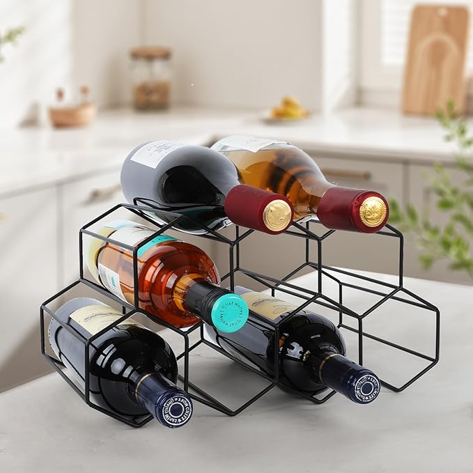 Black Wine Racks Countertop 9 Bottle,Geometric Stainless Steel Wine Bottle Holder,Compact Small Wine Rack for Cabinet Pantry Bar Table No Assembly Required