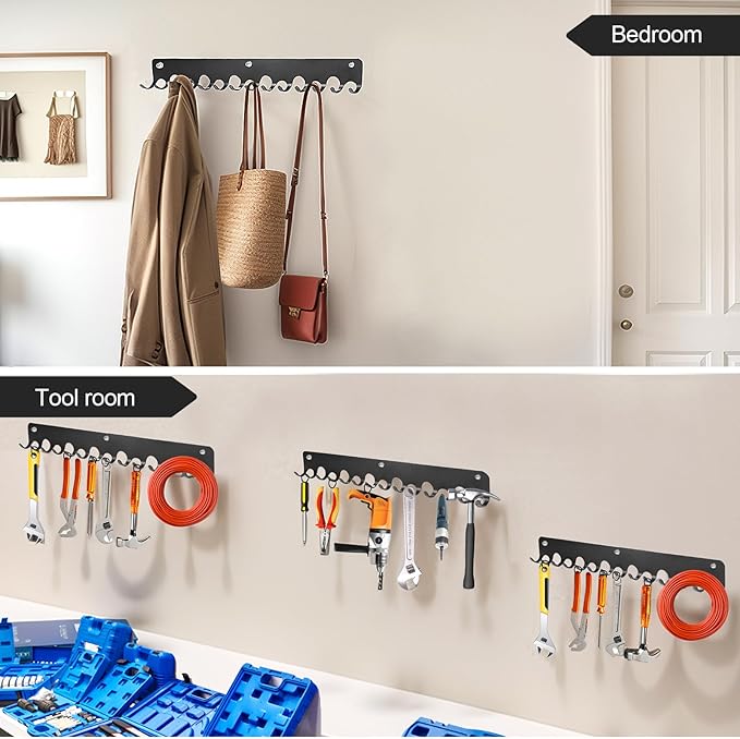 2 Packs 14 Key Hook Holder Wall Mount, No Drill Practical Key Rack, Kitchen Utensil Holder, Coat Hooks Wall Mount Coat Rack Hooks for Living Room, Kitchen, Office, Bathroom, Black