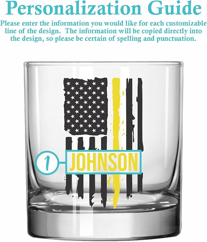 Blue Ridge Mountain Gifts - Thin Yellow Line Whiskey Glass - Personalized Dispatch Glass, 911 Dispatch Appreciation, Yellow Line Merch, First Responders Gift, Custom Barware, Thin Gold Line Flag