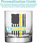 Blue Ridge Mountain Gifts - Thin Yellow Line Whiskey Glass - Personalized Dispatch Glass, 911 Dispatch Appreciation, Yellow Line Merch, First Responders Gift, Custom Barware, Thin Gold Line Flag