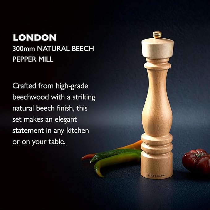 Cole & Mason London Refillable Spice Mill - Kitchen & Home Accessory - Table Black Pepper Grinder - Pepper Mill with Carbon Steel Mechanism - 11", Natural Beech