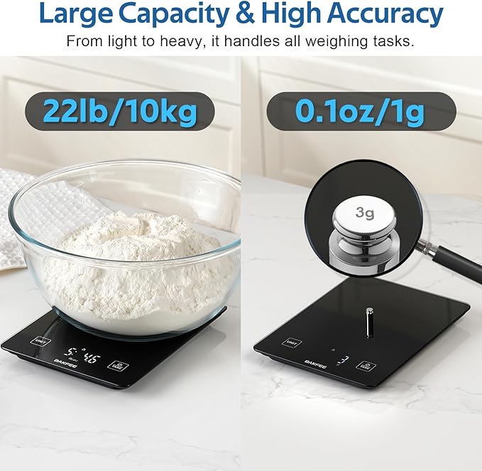 IP67 Waterproof Food Scale with Tempered Glass Surface, 22lb Kitchen Scale 1g Precision, USB Rechargeable, LED Display, Grams and Ounces, for Baking, Cooking, Making Sourdough Bread. Black