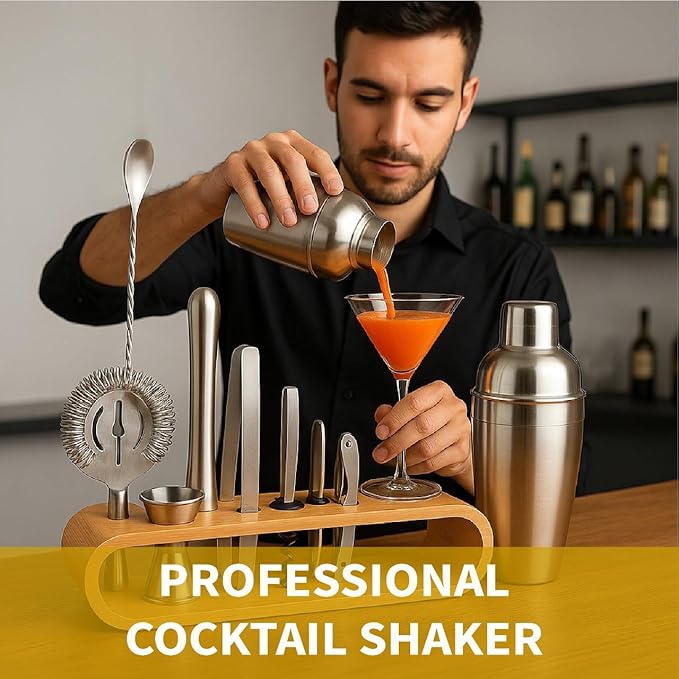 Cocktail Shaker Set Bartender Kit with Stand – Professional Bar Set for Home Bar – Martini Shaker, Jigger, Muddler & Strainer – Complete Drink Mixer & Bar Tools Set for Cocktails and Mixology 10 Pcs