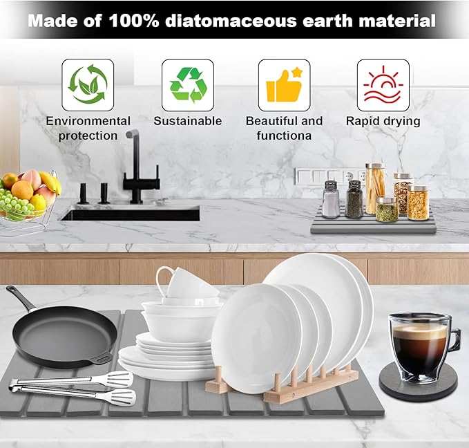 Stone Drying Mat for Kitchen Counter, 23.6"x15.4" Large Dish Drying Mat with 2 Pack Absorbent Stone Coasters 1 Seasoning Pad Quick Dry Dish Drying Mats for Kitchen Counter, Grey