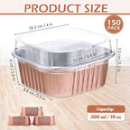 Aoriher 150 Pieces 10 oz Mini Cake Pans with Lids Aluminum Foil Baking Cups Square Disposable 4" x 4" Large Cupcake Cups Baking Tins for Kitchen Brownie Pudding Desserts Holders(Champagne)