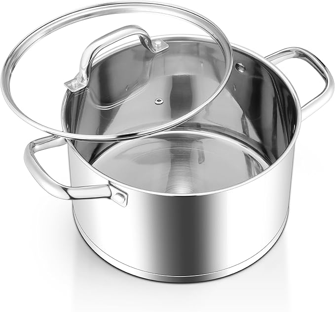 Homikit 5 Quart Stock Pot, Stainless Steel Soup Cooking Pot with Lid for Pasta Sauce Simmering Steaming Stewing, Tri-ply Heavy Bottom Induction Pot, Dishwasher Safe