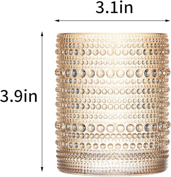12 Pcs Golden Hobnail Beaded Drinking Glasses, 12 oz Vintage Glassware Set Romantic Water Glasses Tumbler, Water Cups, Clear Embossed Glassware Set for Beer, Juice, Cocktail, Soda, Beverages Amber