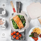 Griddle Pan with Lid, 10 Inch Cast Aluminium Non Stick Steak Pan with Detachable Handle for Induction Hob, White