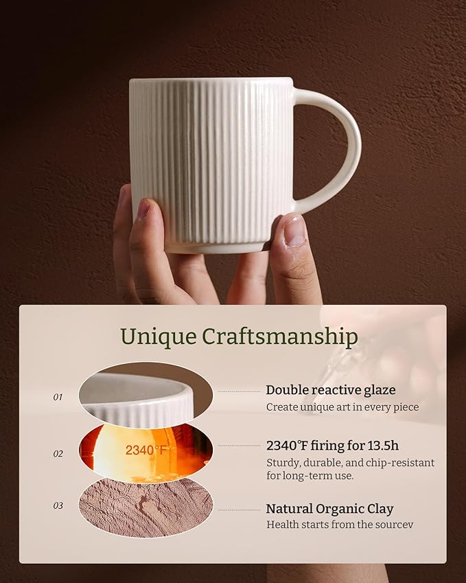 famiware Star Espresso Cups and Saucers Set of 4, [ Mini ] 3 oz Ceramic Small Coffee Mug with Handle, Ribbed Stoneware Demitasse Cup for Tea, Latte - Microwave & Dishwasher Safe - Matte White