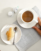 Hasense Ceramic Cappuccino Cups and Saucers - 8 Oz, Large Ribbed Latte Cups Set of 4 for Coffee,Tea,Latte and Macchiato, Demitasse Cups Set Aesthetic Gifty, White