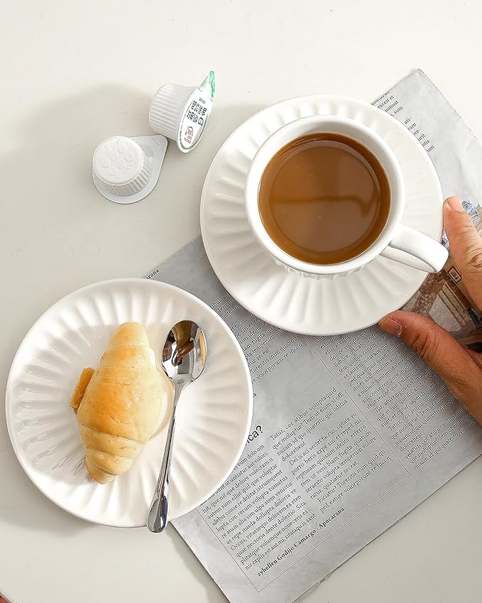 Hasense Ceramic Cappuccino Cups and Saucers - 8 Oz, Large Ribbed Latte Cups Set of 4 for Coffee,Tea,Latte and Macchiato, Demitasse Cups Set Aesthetic Gifty, White