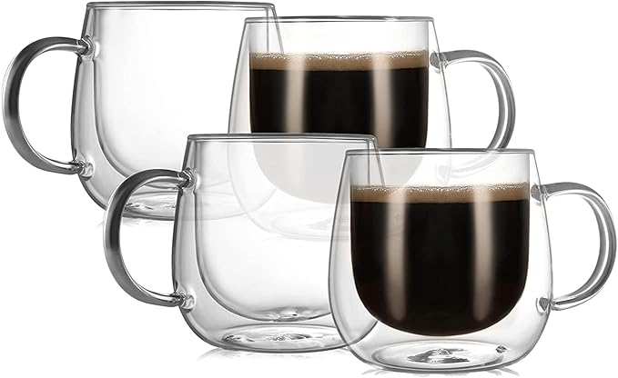 CNGLASS 12oz Double Walled Glass Coffee Mugs(4-pack),Large Clear Coffee Cups with Handle,Glass Espresso Mugs for Latte,Cappuccino,Tea