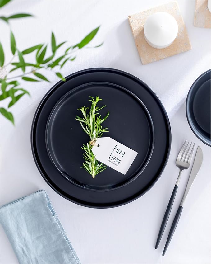 Stoneware dinnerware set 4 persons 16 pcs – Matte black ultra chic plates and bowls set – Dishwasher and microwave safe – Bowl and plate set – Dinner service Pure Living