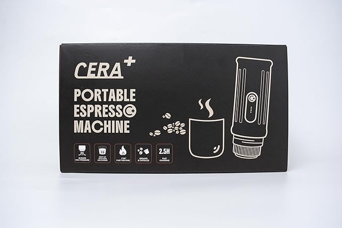 CERA+ Self-Heating Portable Espresso Machine,Up to 8 Cups per Charge & 20 Bar, 13500mAh, CERApresso Works with NS Capsules & Grounds, Electric Coffee Maker for Camping,Hiking,Office,Car,Travel