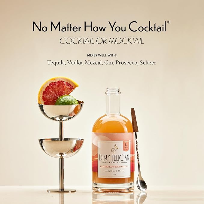 Dirty Pelican Cocktail Mixers - Elderflower Paloma - Skinny & Organic Drink Mixes for Cocktails - Low Calorie Mocktails - Low Sugar - Vegan - Gluten Free - No Preservatives - 750ml (1 Bottle)